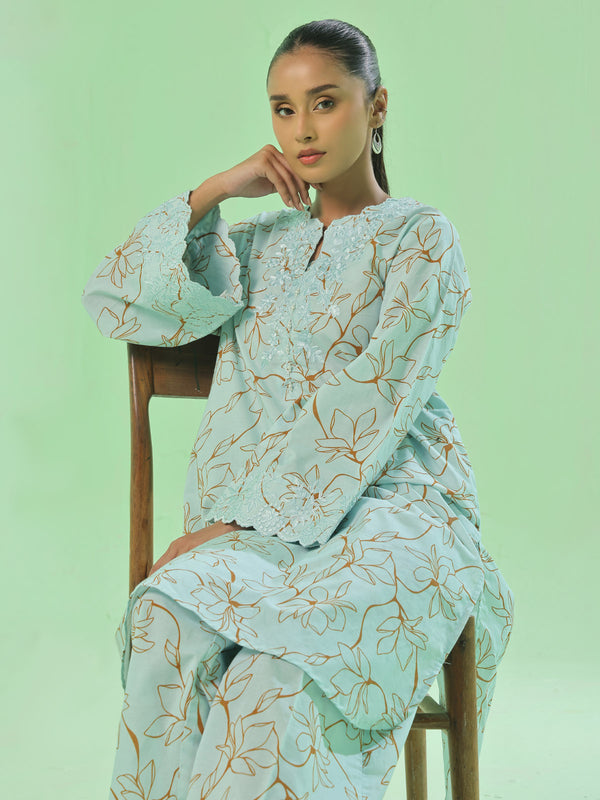 2Pc Embroidered Pret & Unstitched Shirt Trouser Lawn Ferozi