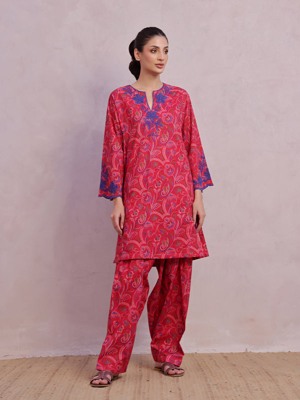 2Pc Embroidered Pret & Unstitched Shirt Trouser Lawn Red