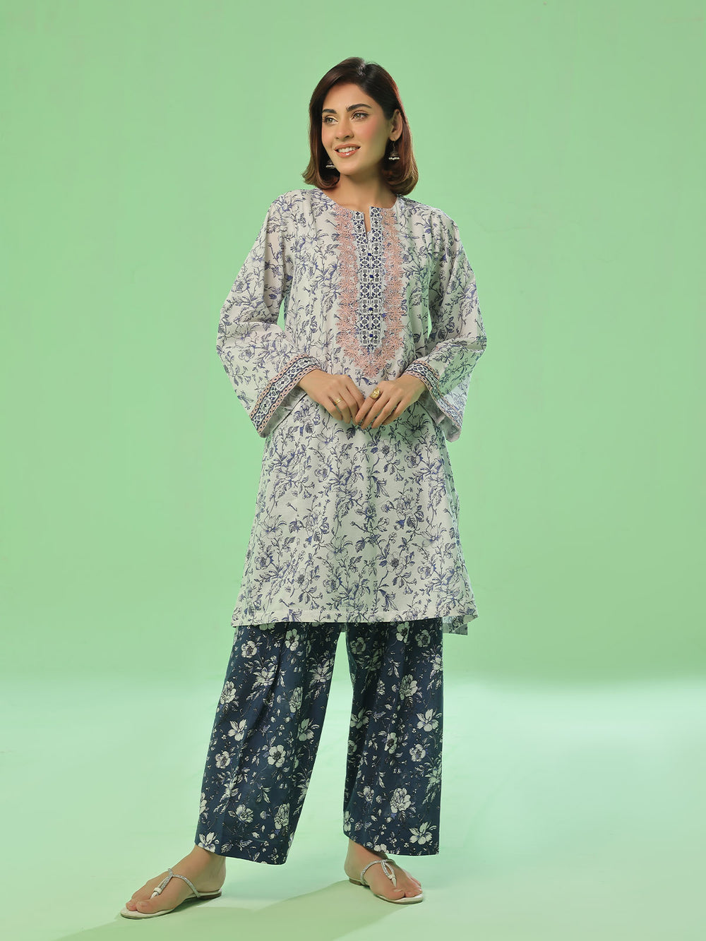 2Pc Embroidered Pret & Unstitched Shirt Trouser Lawn White & Blue