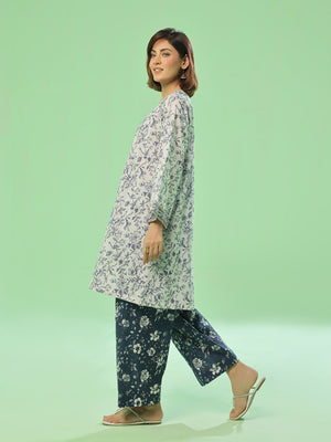 2Pc Embroidered Pret & Unstitched Shirt Trouser Lawn White & Blue