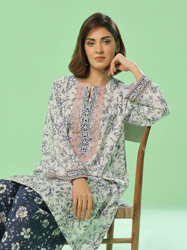 2Pc Embroidered Pret & Unstitched Shirt Trouser Lawn White & Blue