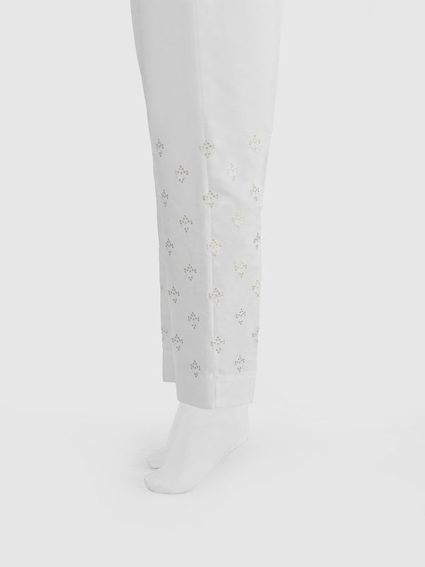 Women White Cotton Silk Embroidered Trouser - OWESP-2301024-4