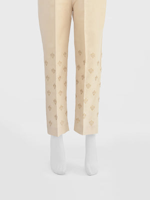 Women Beige Cotton Silk Embroidered Trouser - OWESP-2301024-5