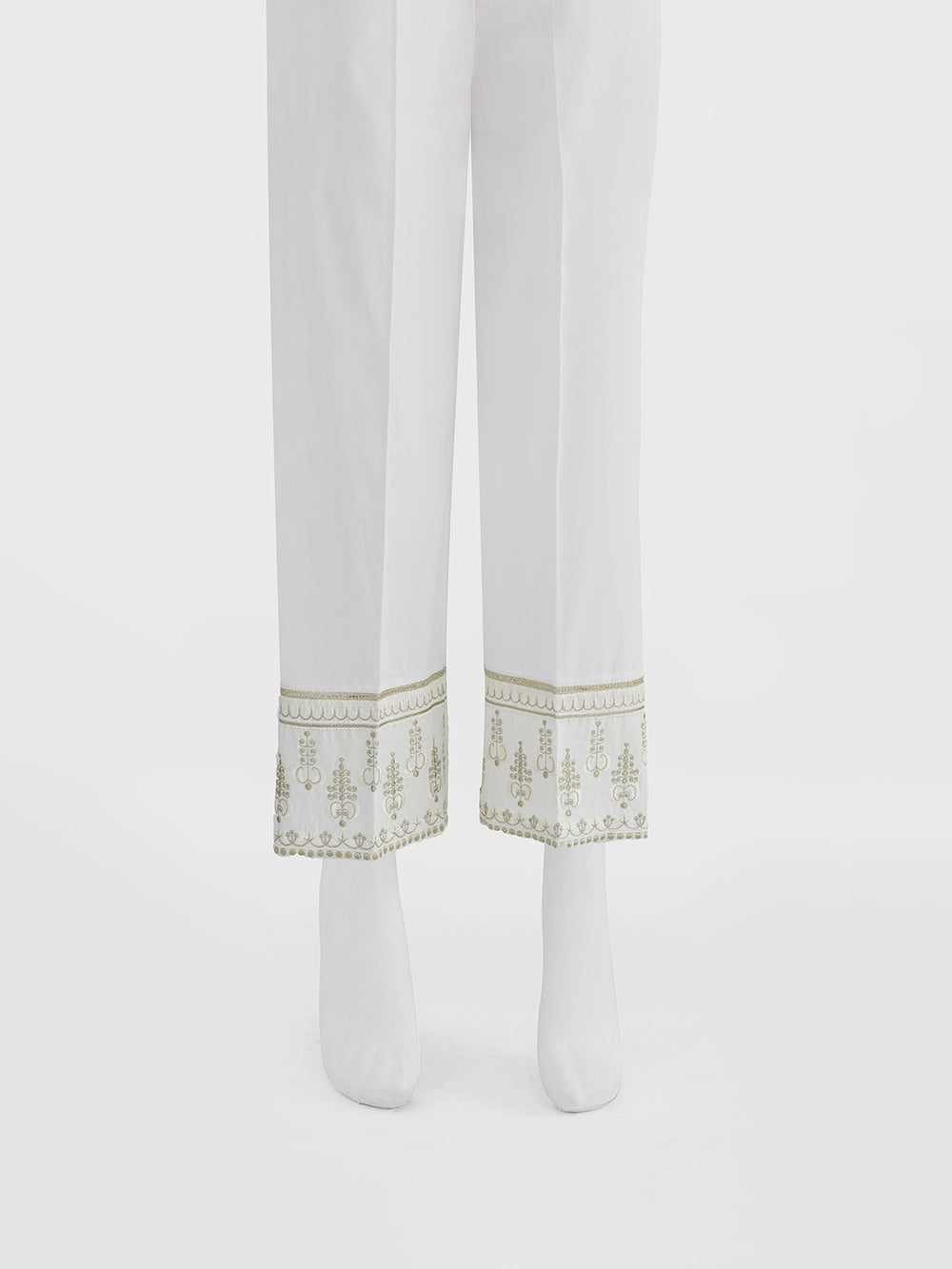 Women White Cambric Embroidered Trouser - OWESP-2301030
