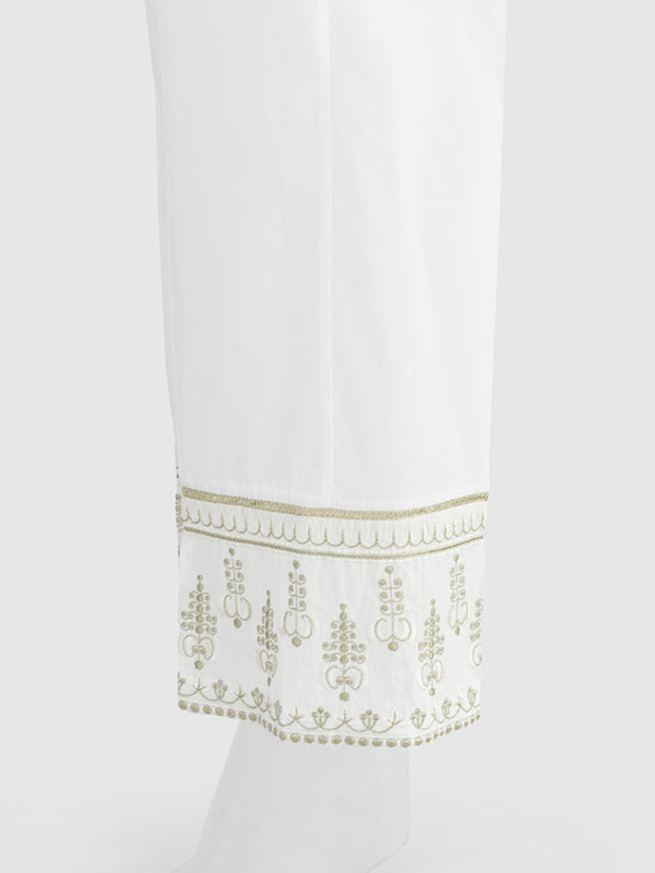 Women White Cambric Embroidered Trouser - OWESP-2301030