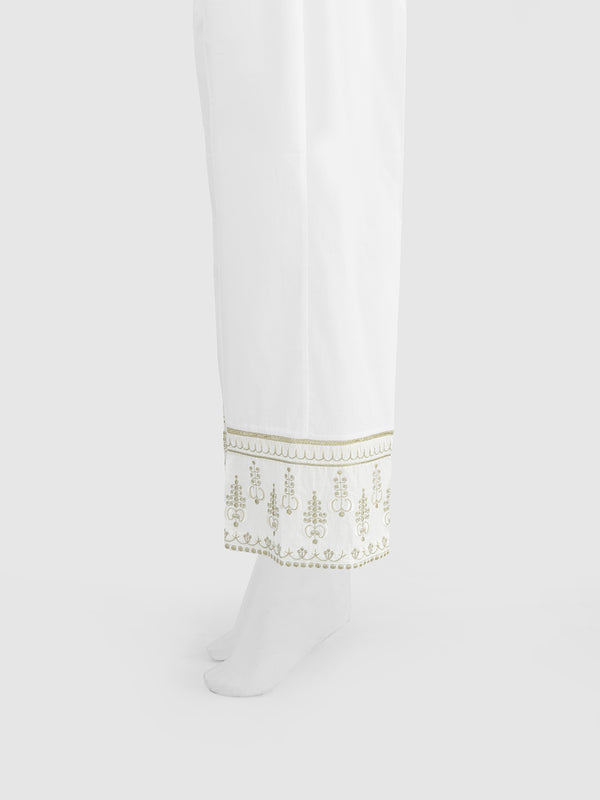 Women White Cambric Embroidered Trouser - OWESP-2301030