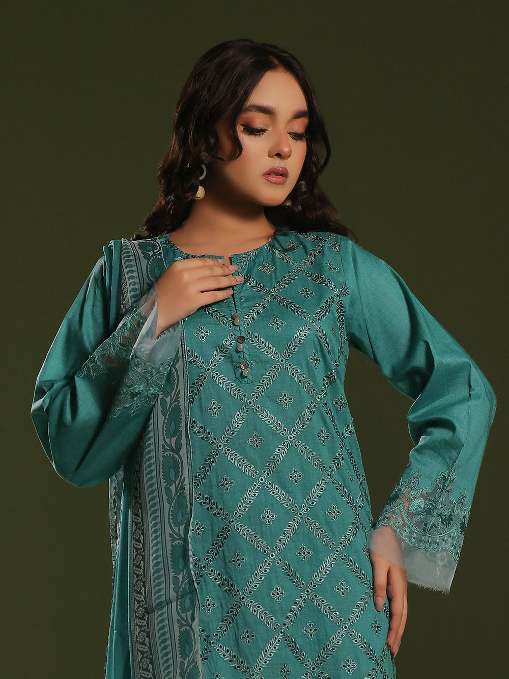 3Pc Embroidered Unstitched Cambric Green - OCCE3P-6264-B