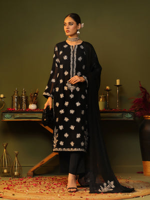 3Pc Embroidered Pret Suit Dyed Chiffon Black - OWE3P-2405007