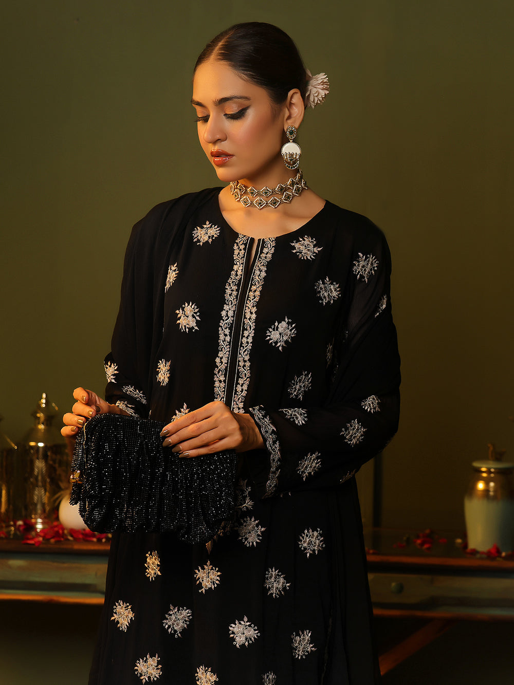 3Pc Embroidered Pret Suit Dyed Chiffon Black - OWE3P-2405007
