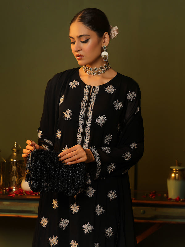 3Pc Embroidered Pret Suit Dyed Chiffon Black - OWE3P-2405007