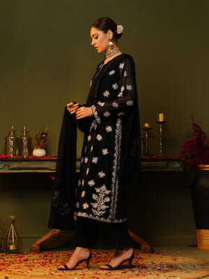 3Pc Embroidered Pret Suit Dyed Chiffon Black - OWE3P-2405007