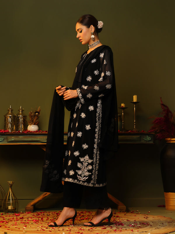 3Pc Embroidered Pret Suit Dyed Chiffon Black - OWE3P-2405007