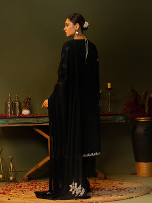 3Pc Embroidered Pret Suit Dyed Chiffon Black - OWE3P-2405007