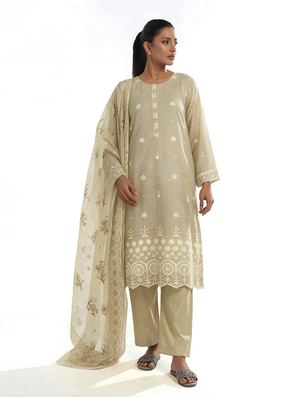 3Pc Embroidered Unstitched Suit Organza Net Beige - ONFE3P-6437-A