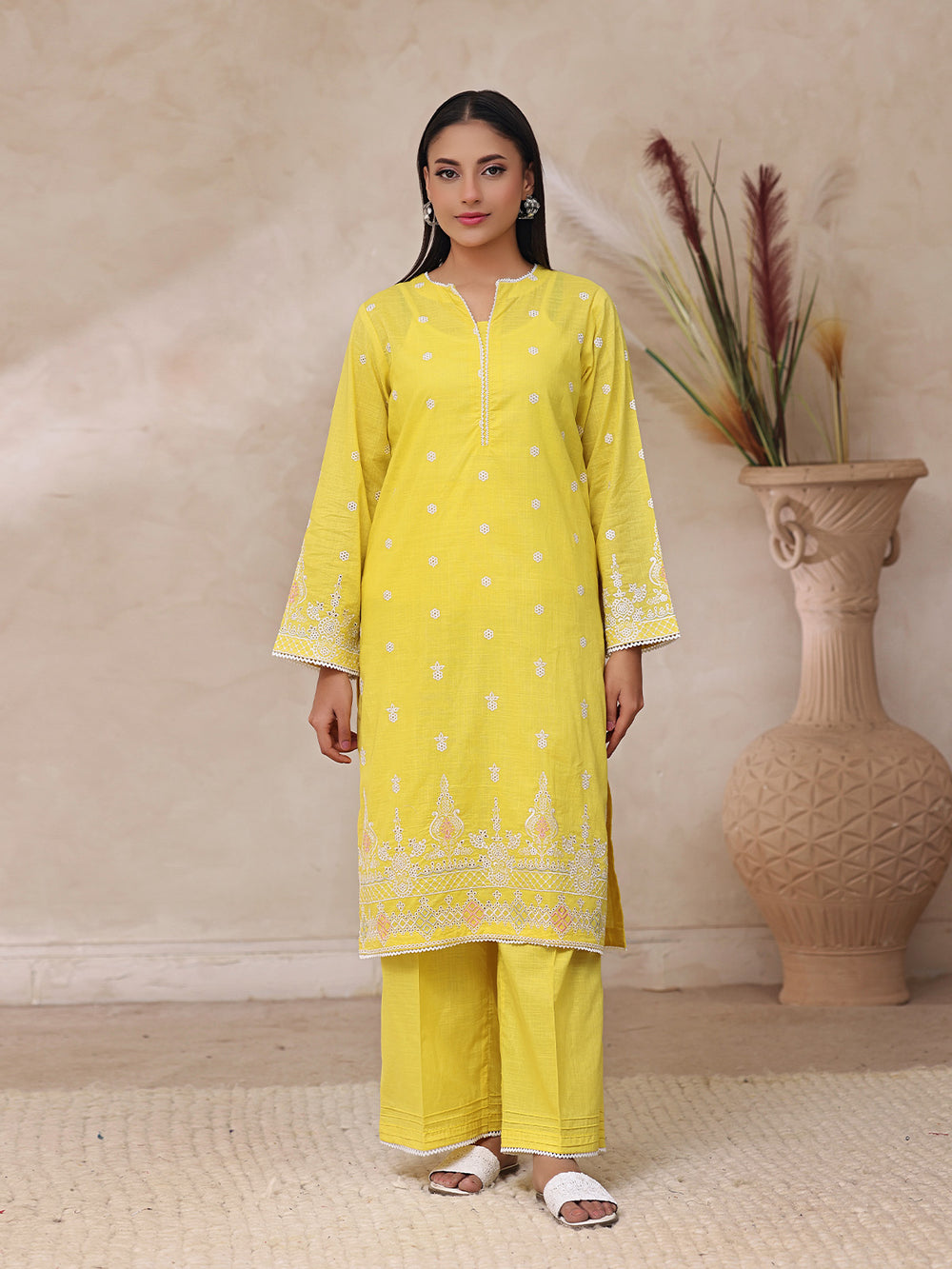 2Pc Embroidered Pret Shirt Trouser Dyed Slub Yellow - OWE2P-2503010