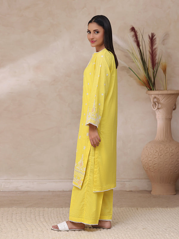 2Pc Embroidered Pret Shirt Trouser Dyed Slub Yellow - OWE2P-2503010