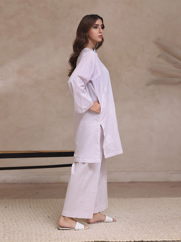 2Pc Embroidered Pret Shirt Trouser Dyed Slub Light Grey - OWE2P-2503012