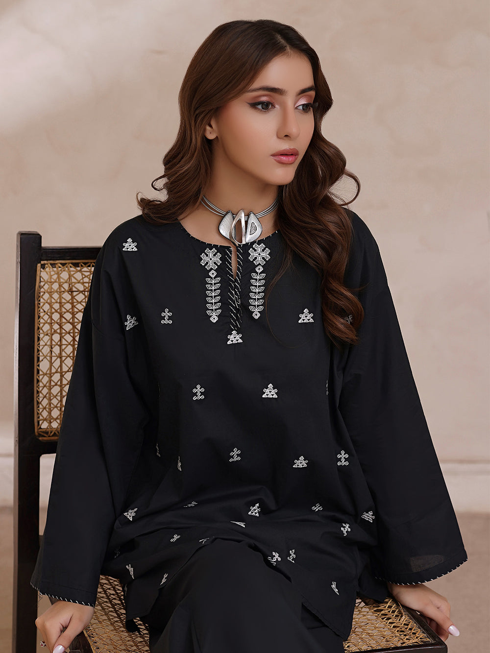 2Pc Embroidered Pret Shirt Trouser Cambric Black - OWE2P-2503021