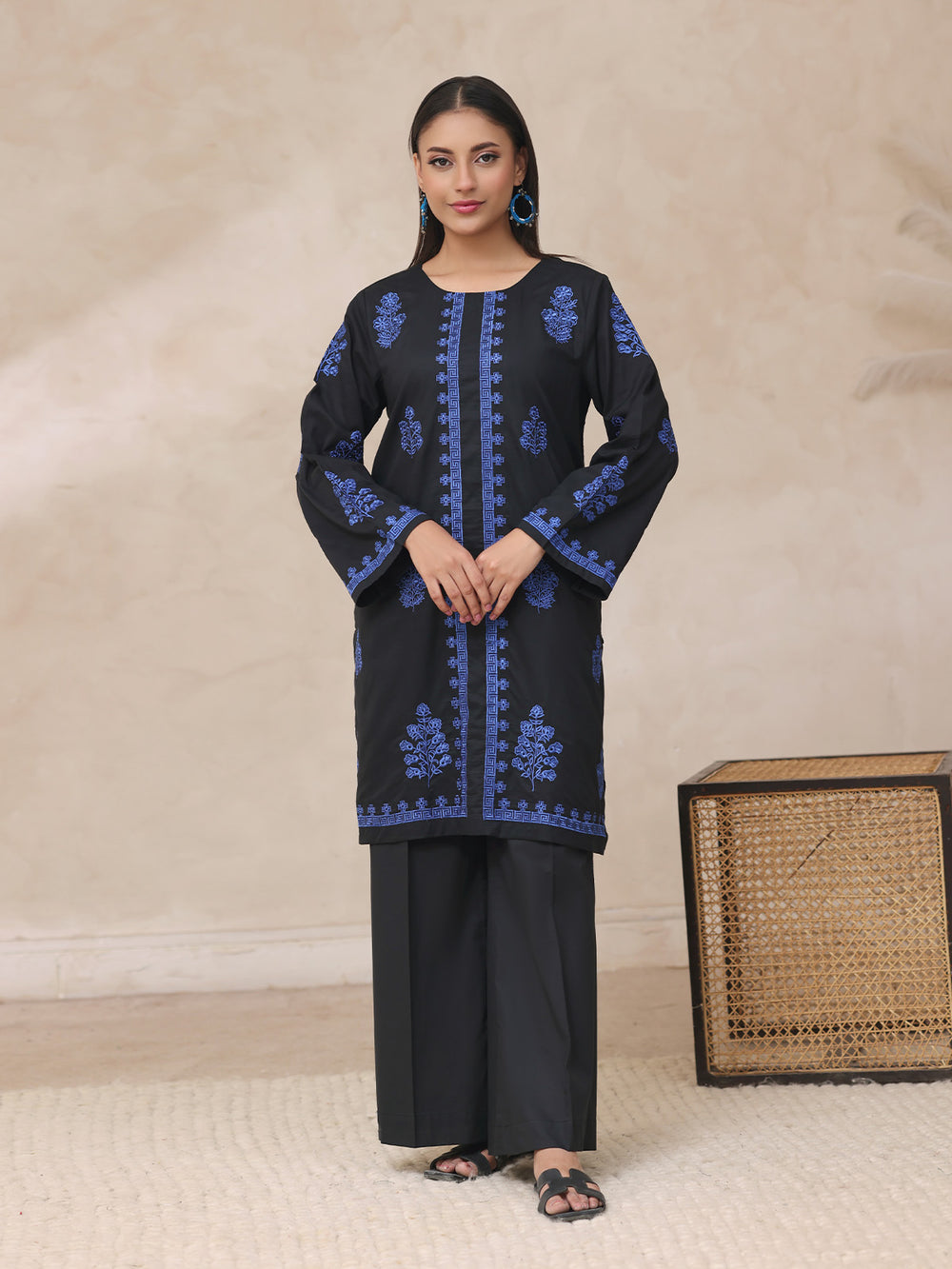 2Pc Embroidered Pret Shirt Trouser Cambric Black - OWE2P-2503022