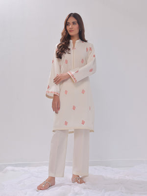 2Pc Embroidered Pret Shirt Trouser Cotton Silk Off White - OWE2PG-2405036