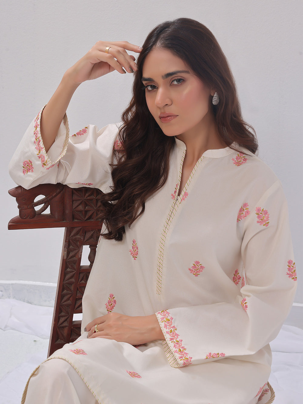 2Pc Embroidered Pret Shirt Trouser Cotton Silk Off White - OWE2PG-2405036