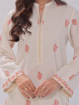 2Pc Embroidered Pret Shirt Trouser Cotton Silk Off White - OWE2PG-2405036