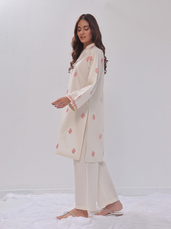 2Pc Embroidered Pret Shirt Trouser Cotton Silk Off White - OWE2PG-2405036