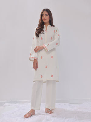 2Pc Embroidered Pret Shirt Trouser Cotton Silk White - OWE2PG-2405036