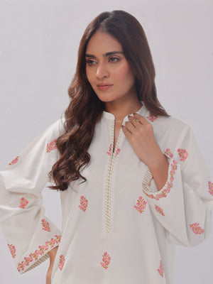 2Pc Embroidered Pret Shirt Trouser Cotton Silk White - OWE2PG-2405036