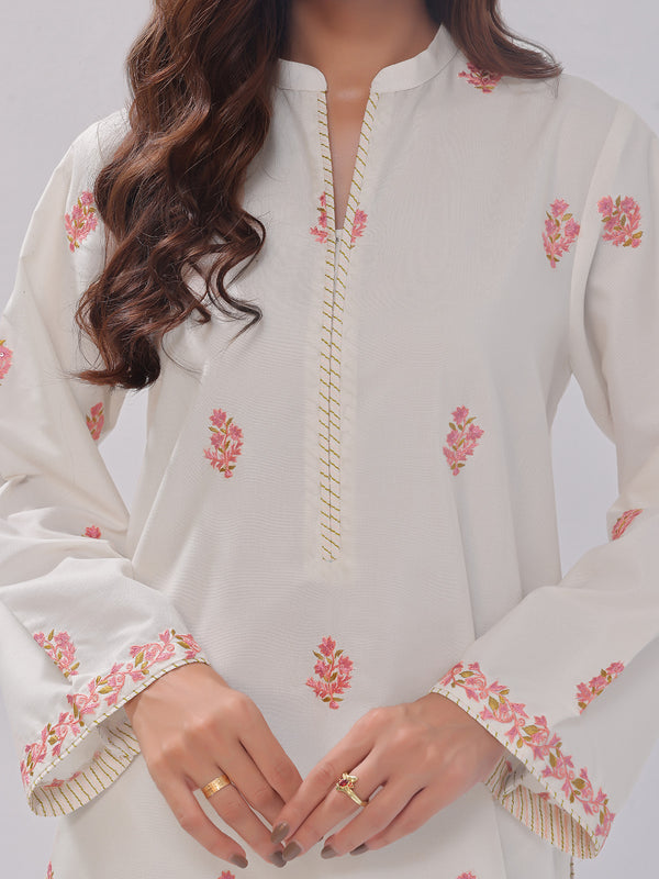 2Pc Embroidered Pret Shirt Trouser Cotton Silk White - OWE2PG-2405036