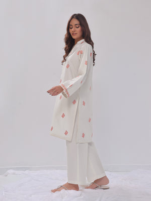 2Pc Embroidered Pret Shirt Trouser Cotton Silk White - OWE2PG-2405036