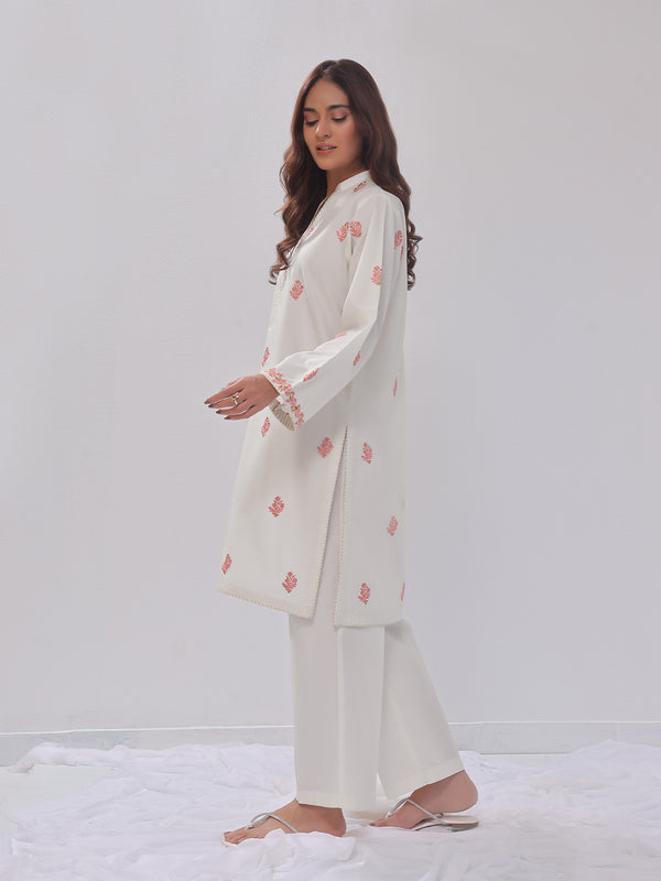 2Pc Embroidered Pret Shirt Trouser Cotton Silk White - OWE2PG-2405036