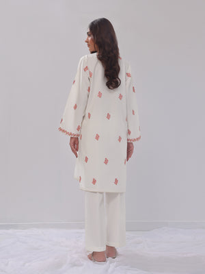 2Pc Embroidered Pret Shirt Trouser Cotton Silk White - OWE2PG-2405036