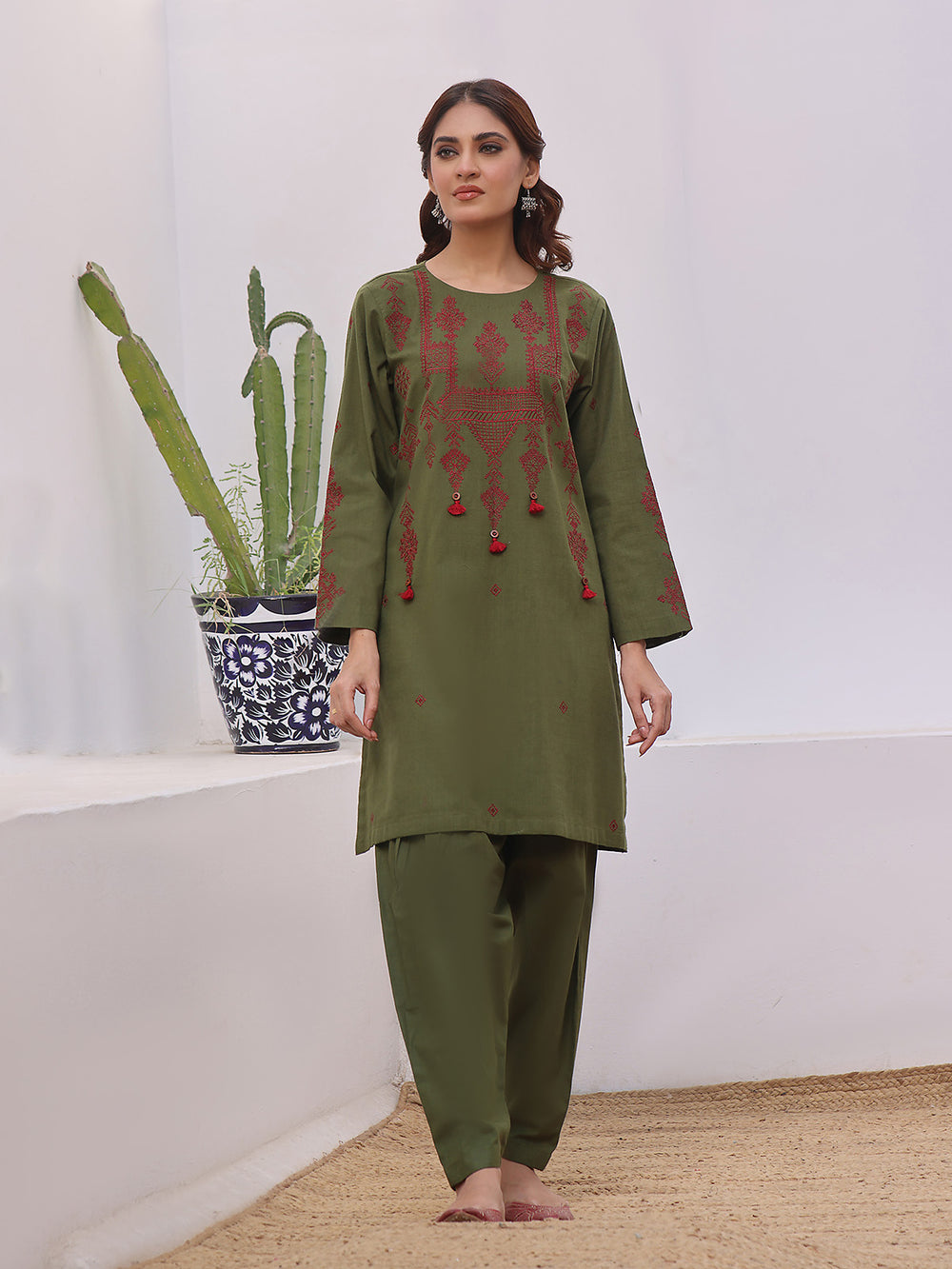 2Pc Embroidered Pret Shirt Trouser Khaddar Green - OWE2P-2408007