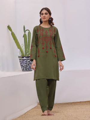 2Pc Embroidered Pret Shirt Trouser Khaddar Green - OWE2P-2408007