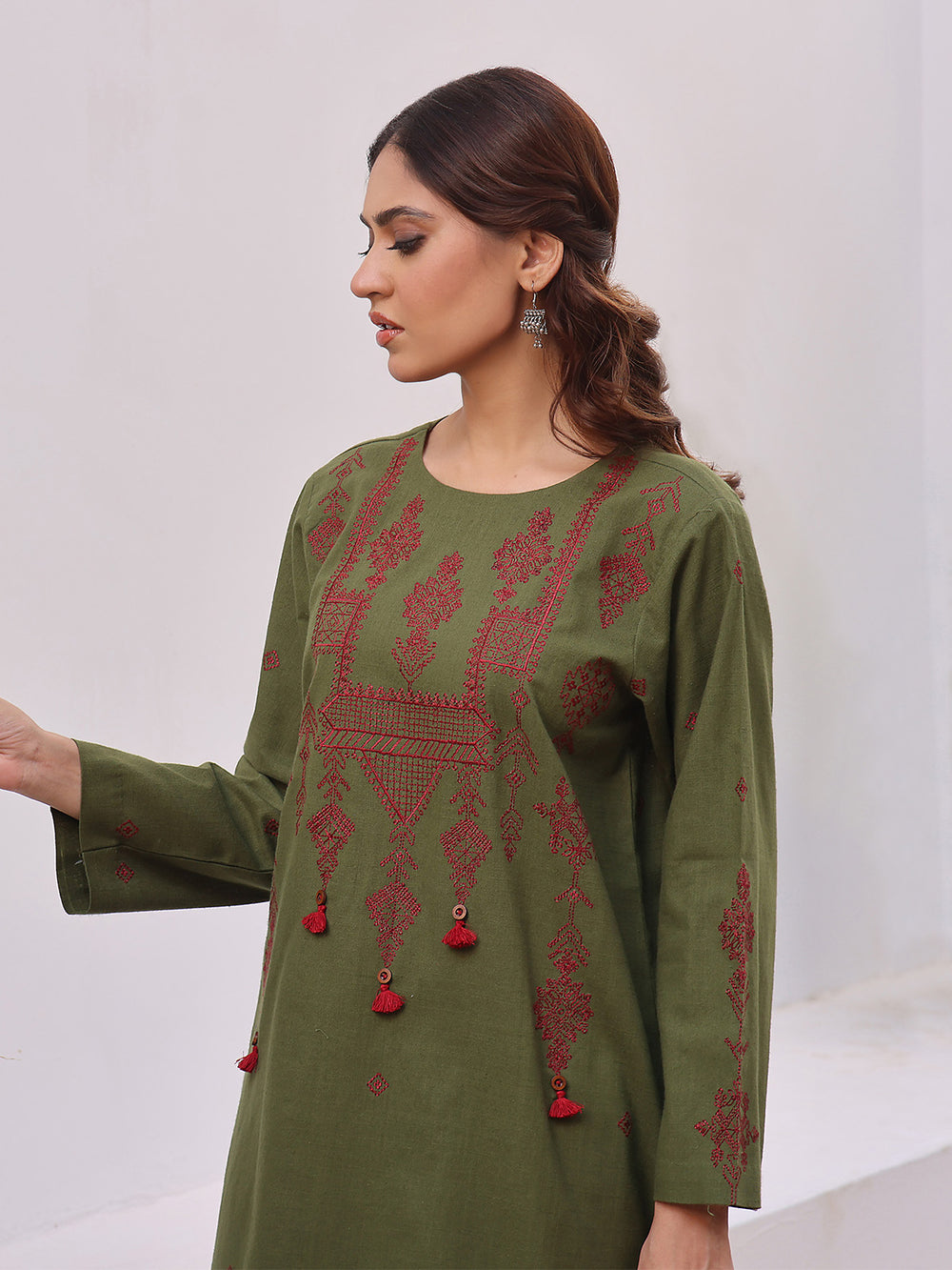 2Pc Embroidered Pret Shirt Trouser Khaddar Green - OWE2P-2408007