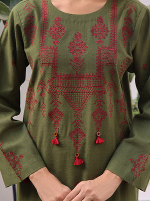 2Pc Embroidered Pret Shirt Trouser Khaddar Green - OWE2P-2408007