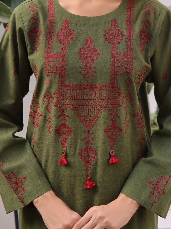 2Pc Embroidered Pret Shirt Trouser Khaddar Green - OWE2P-2408007