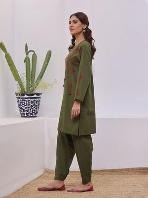 2Pc Embroidered Pret Shirt Trouser Khaddar Green - OWE2P-2408007