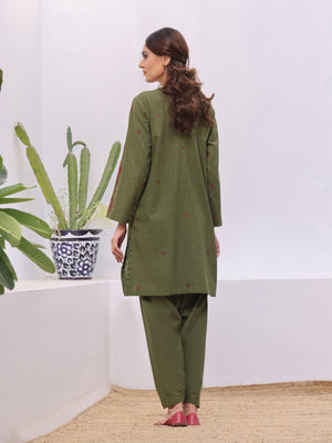 2Pc Embroidered Pret Shirt Trouser Khaddar Green - OWE2P-2408007