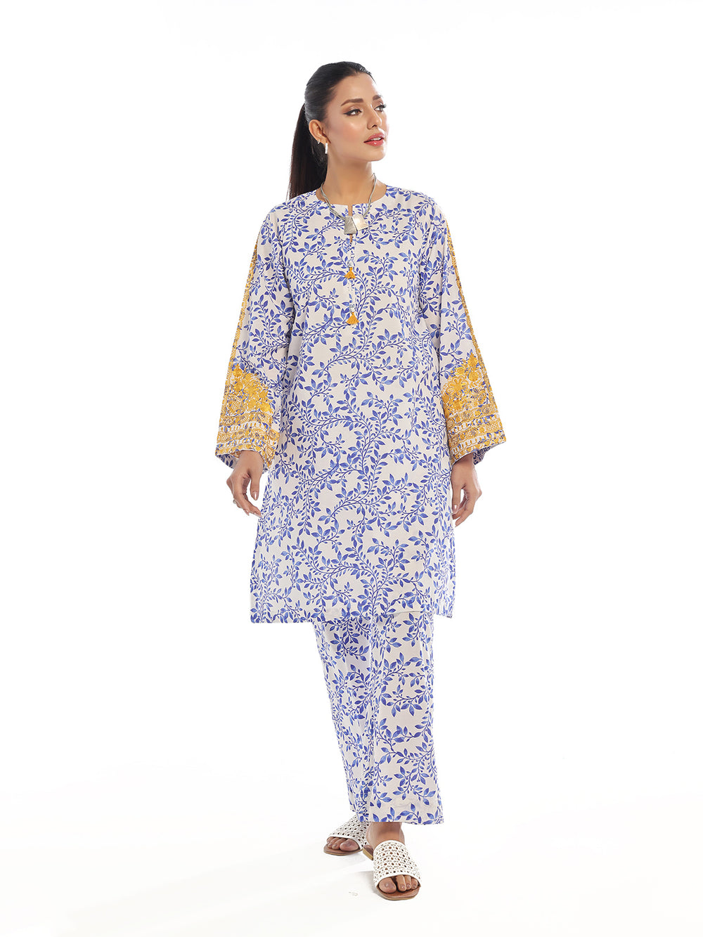 2Pc Embroidered Pret Shirt Trouser Lawn White & Blue - OWE2P-2412013