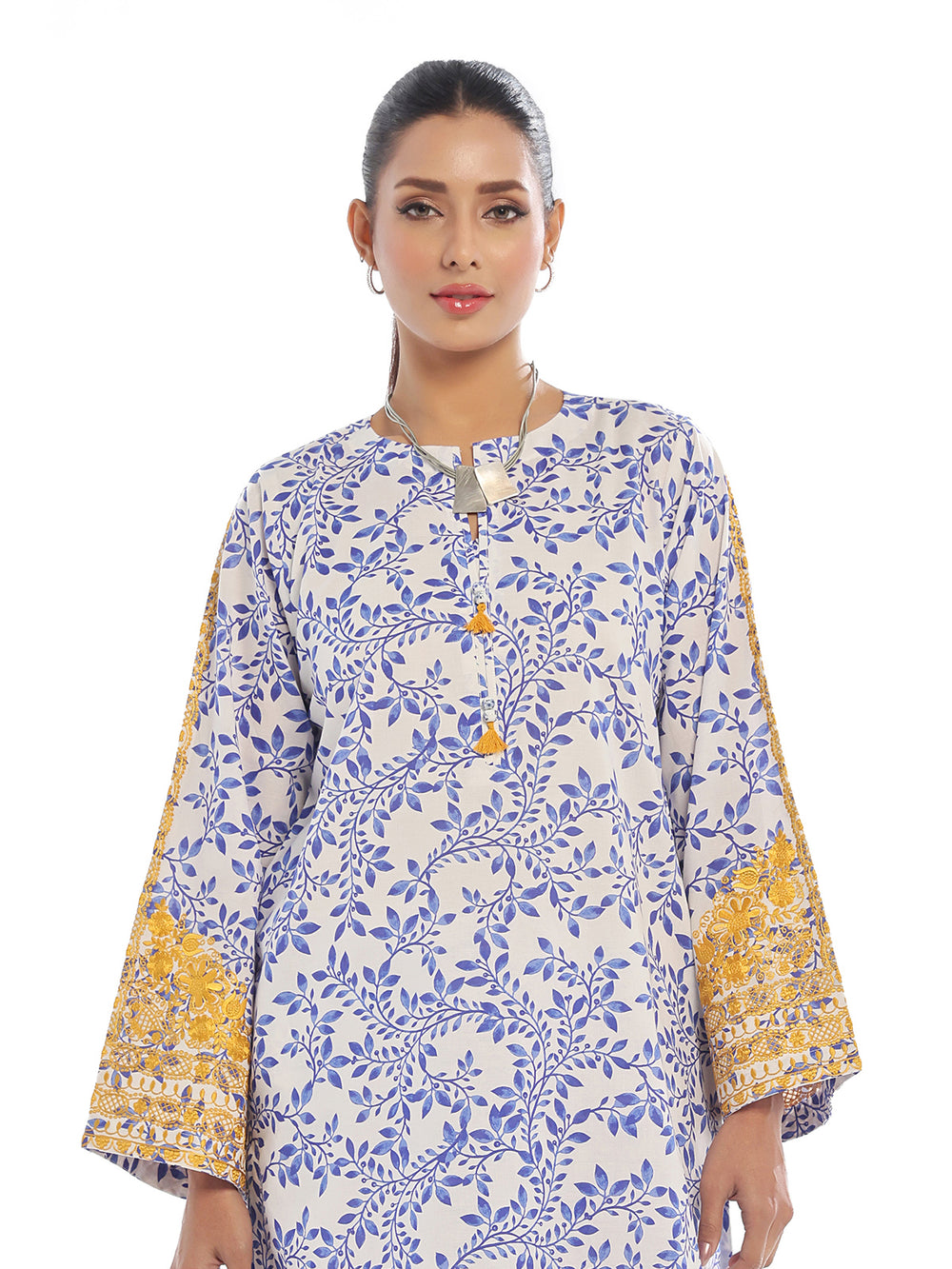 2Pc Embroidered Pret Shirt Trouser Lawn White & Blue - OWE2P-2412013