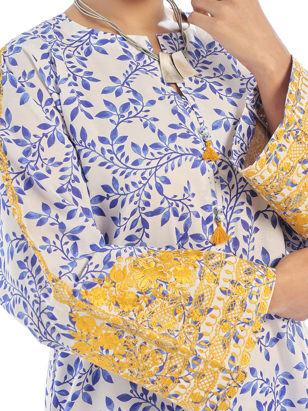 2Pc Embroidered Pret Shirt Trouser Lawn White & Blue - OWE2P-2412013