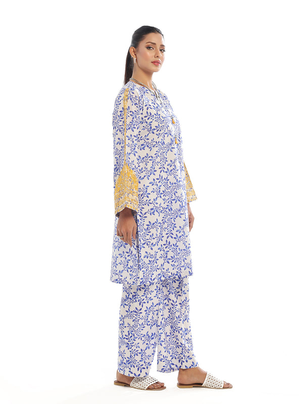 2Pc Embroidered Pret Shirt Trouser Lawn White & Blue - OWE2P-2412013