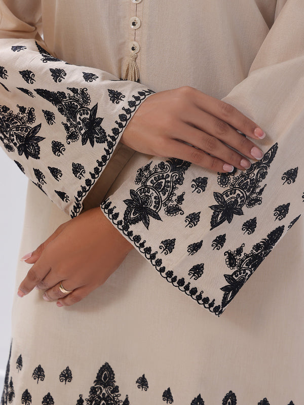 2Pc Embroidered Pret Shirt Trouser Cotton Silk Beige - OWE2PG-2405034