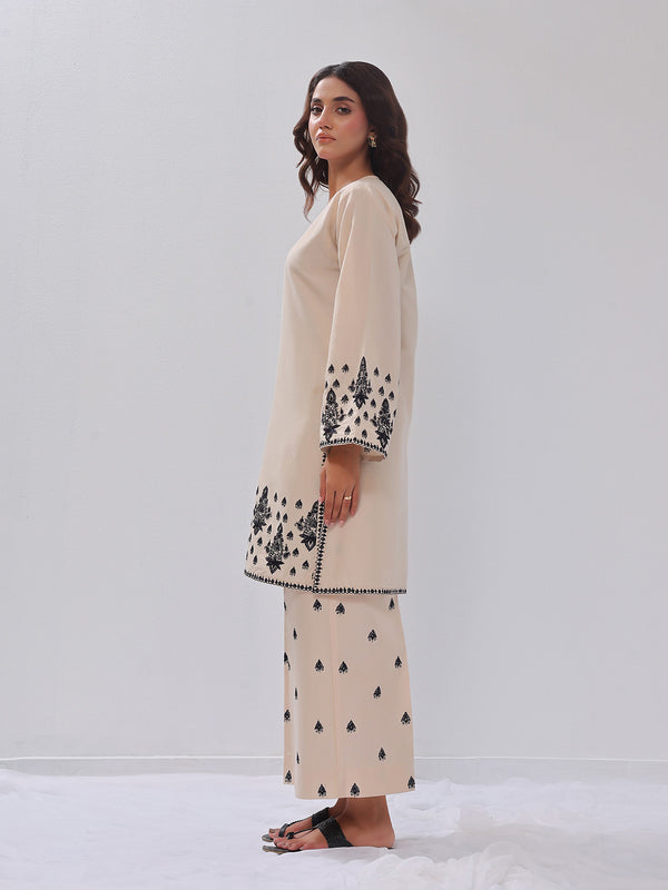 2Pc Embroidered Pret Shirt Trouser Cotton Silk Beige - OWE2PG-2405034
