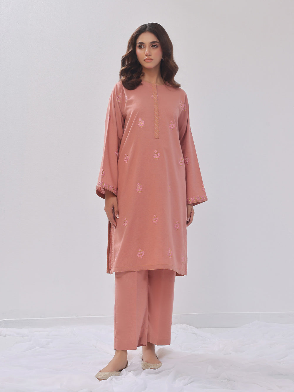 2Pc Embroidered Pret Shirt Trouser Cotton Texture Peach - OWE2PG-2407004