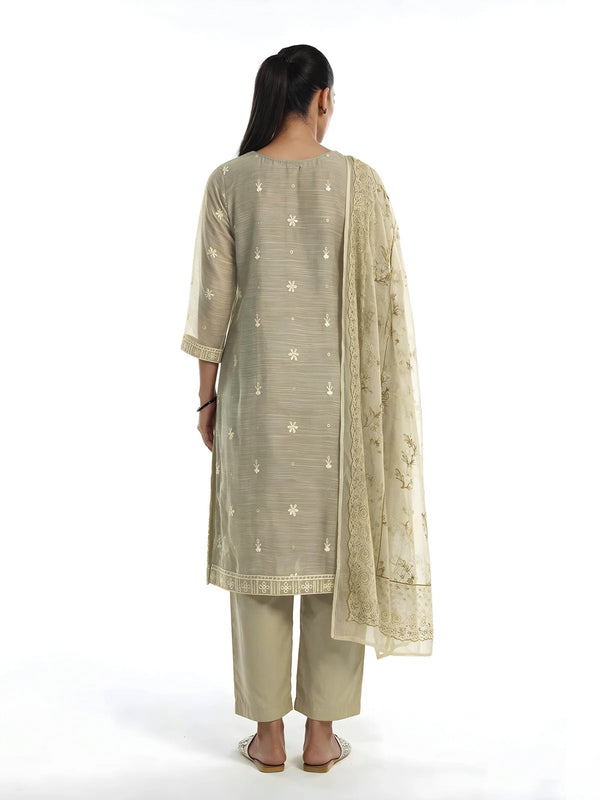 3Pc Embroidered Unstitched Suit Organza Net Beige - ONFE3P-6437-A