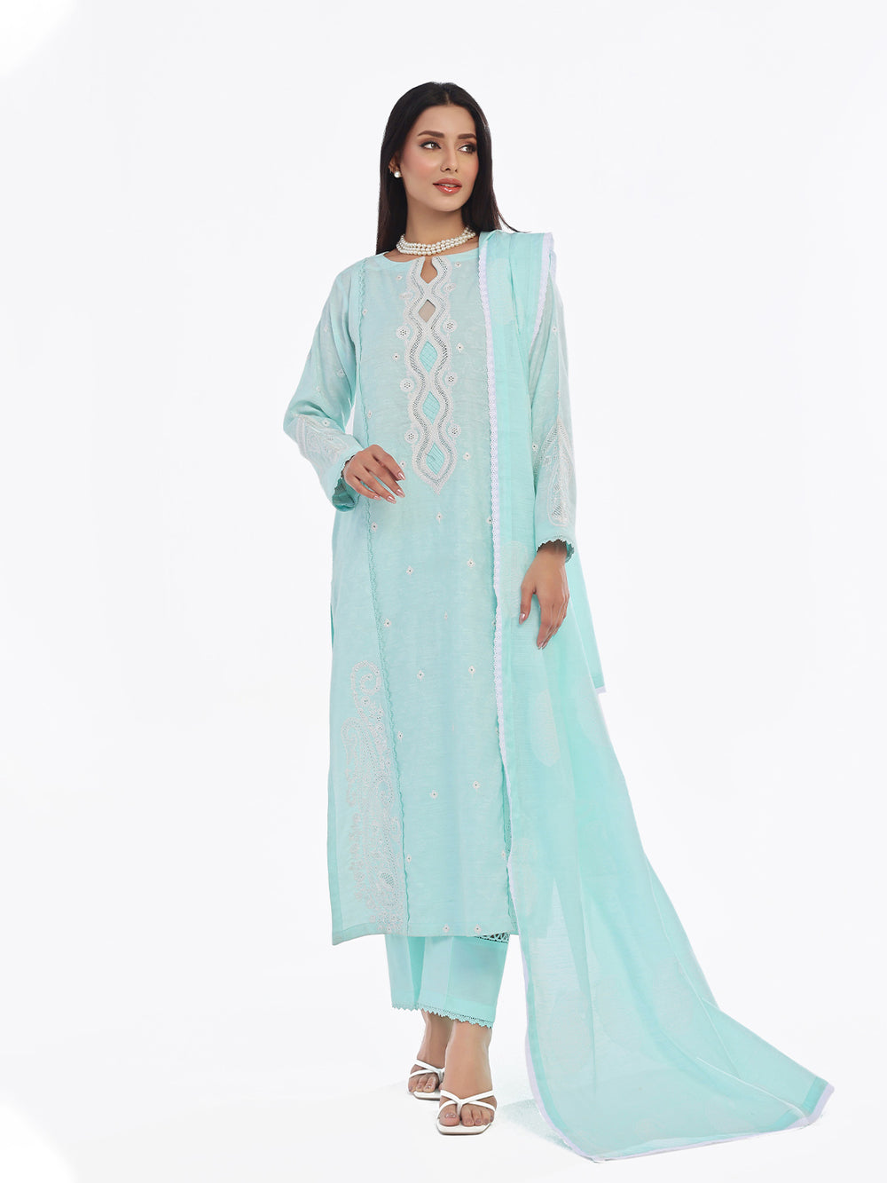 3Pc Embroidered Pret Suit Cotton Silk Jacquard Ferozi - OWE3P-2410004