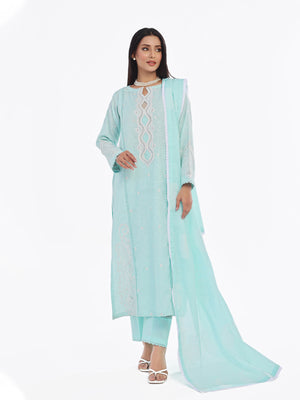 3Pc Embroidered Pret Suit Cotton Silk Jacquard Ferozi - OWE3P-2410004